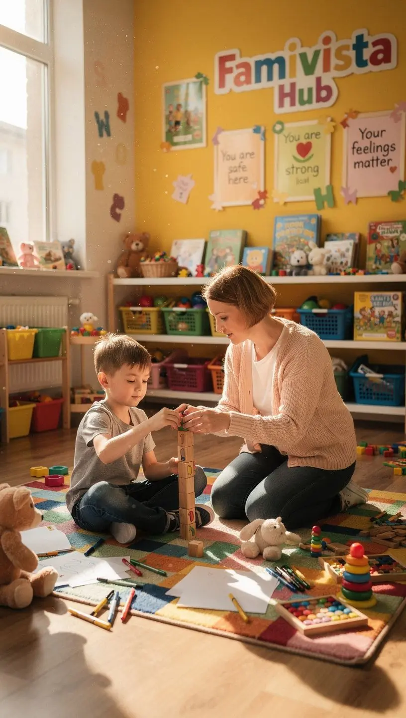 Ģimenes atbalsta centra telpa ar laimīgām ģimenēm un bērniem, kas spēlējas kopā.