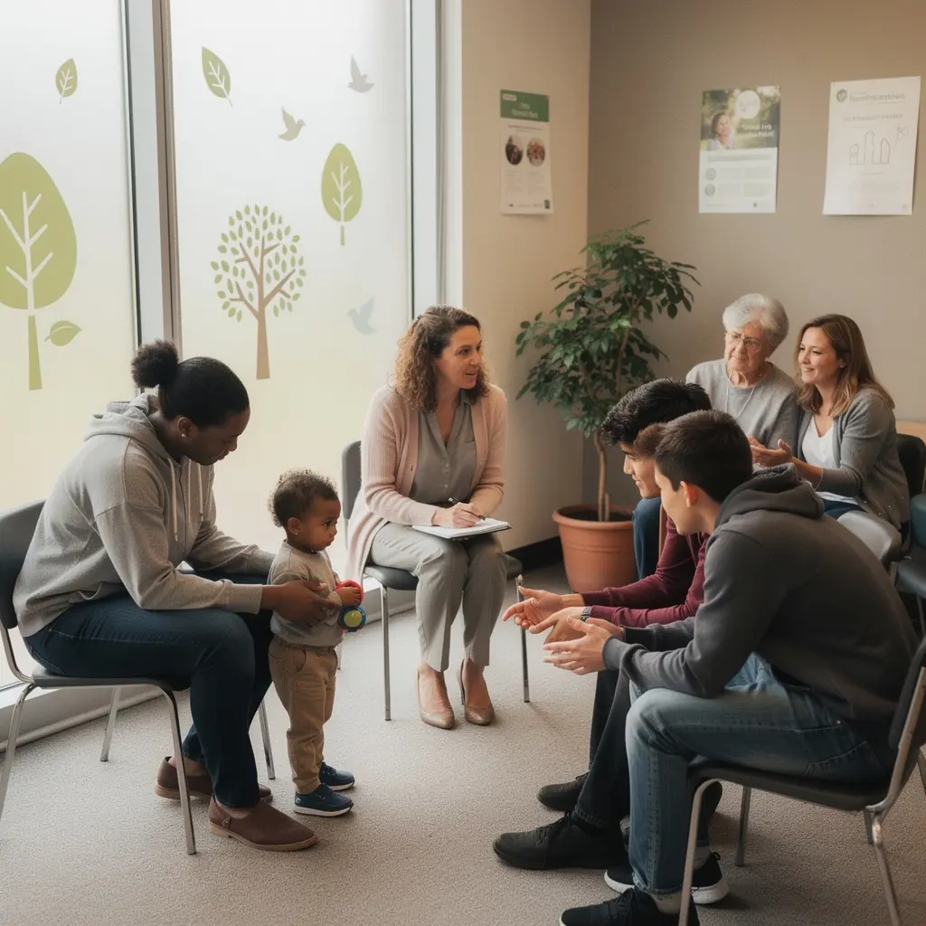 Bērnu izglītības materiāli un grāmatas, kas pieejamas ģimenēm atbalsta centrā.